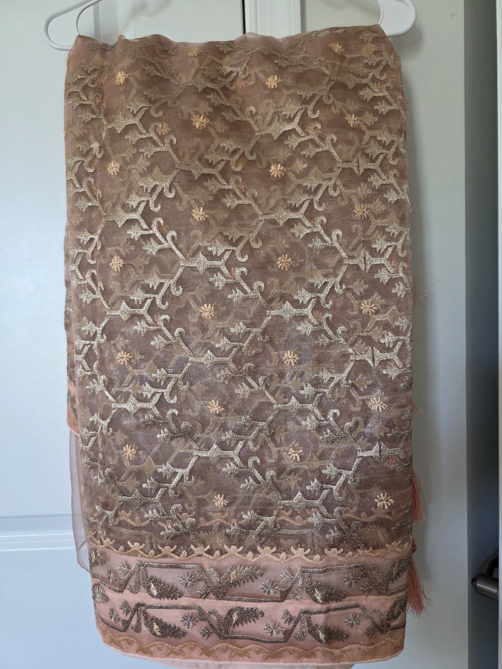 Embroidered Peach Organza Saree